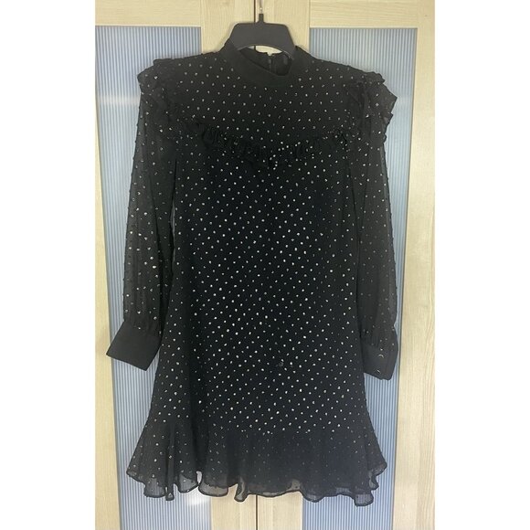 Ted Baker Black Gold Joyous High Neck Ruffle Mini Dress Sz 0 XS Holiday Party - Picture 3 of 9